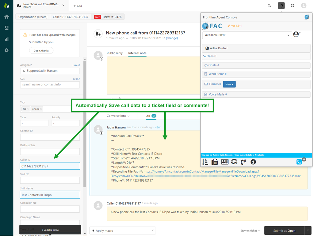 NICE inContact Frontline Agent Console App Integration with Zendesk Support